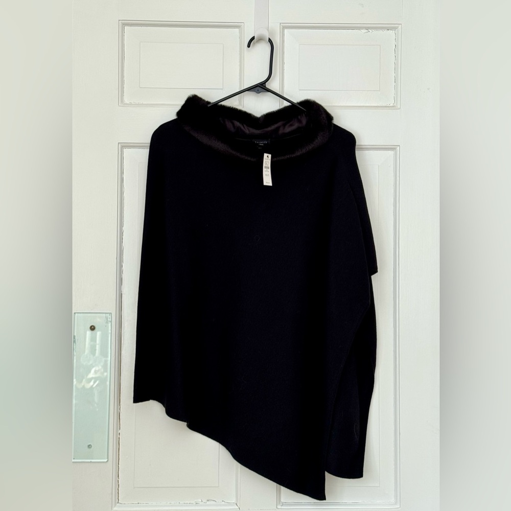 Talbots Black Cotton Blend Cape Shrug Poncho with Faux Fur Collar New with Tags